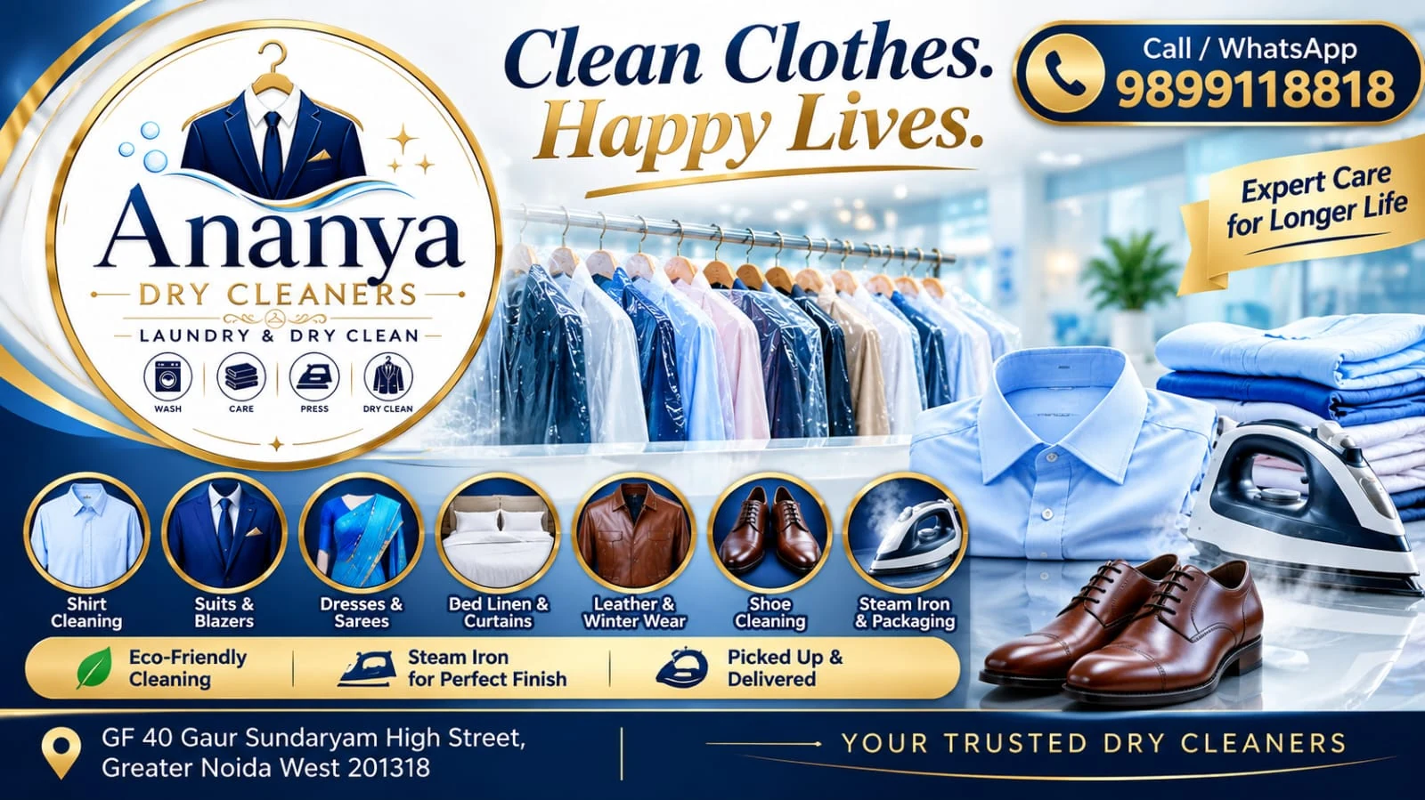 Ananya Dry Cleaners service banner with laundry, dry cleaning, steam ironing, shoe cleaning and pickup delivery information